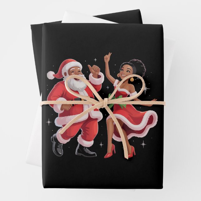 African Santa Mrs Claus Dancing American Christmas Wrapping Paper Sheets (In situ)