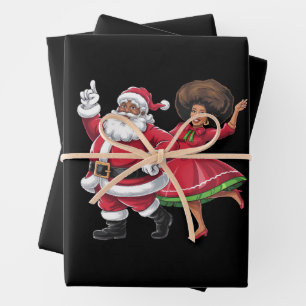 African Santa Mrs Claus Dancing American Christmas Wrapping Paper Sheets
