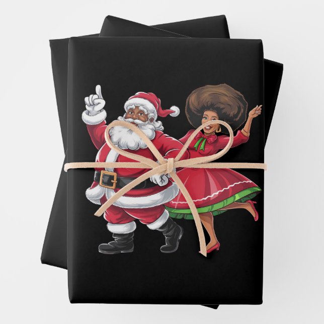 African Santa Mrs Claus Dancing American Christmas Wrapping Paper Sheets (In situ)