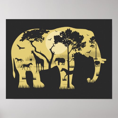 African Savanah Elephant Acacia Tree Sunset Nature Poster