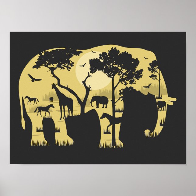 African Savanah Elephant Acacia Tree Sunset Nature Poster (Front)