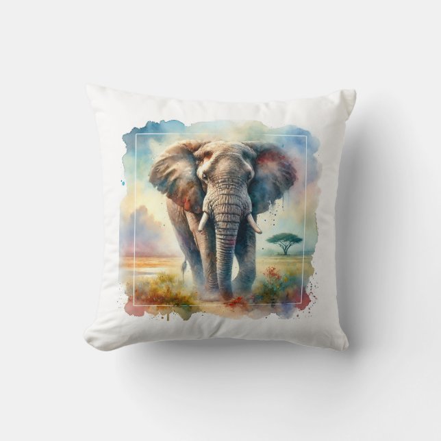 African Savanna Elephant 140724AREF113 - Watercolo Throw Pillow (Front)