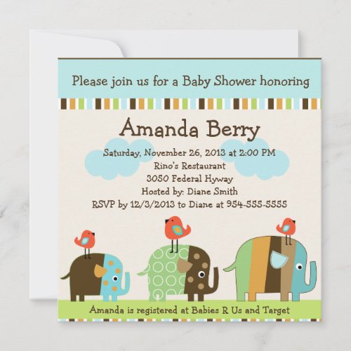 Zutana Striped Elephants Baby Shower Invitation