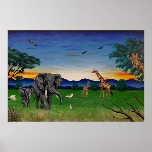 African Sunset Elephant Giraffe Art Poster Print