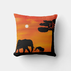 African Sunset Elephant Silhouette Throw Pillow