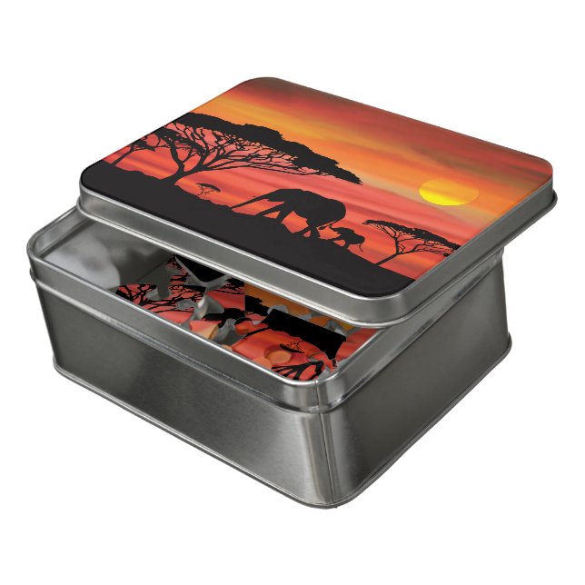 African Sunset Elephants Jigsaw Puzzle (Lid Open)
