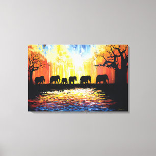 African sunset & elephants - oil painting canvas print