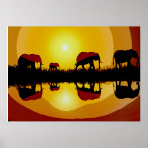 African Sunset Elephants Poster