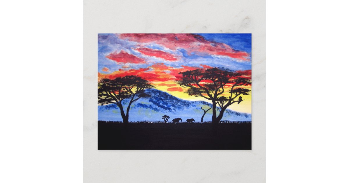 African Sunset Safari Animal Silhouette Painting Postcard | Zazzle