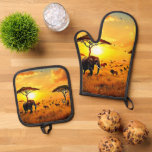 African Sunset Safari Majesty Design Oven Mitt &amp; Pot Holder Set