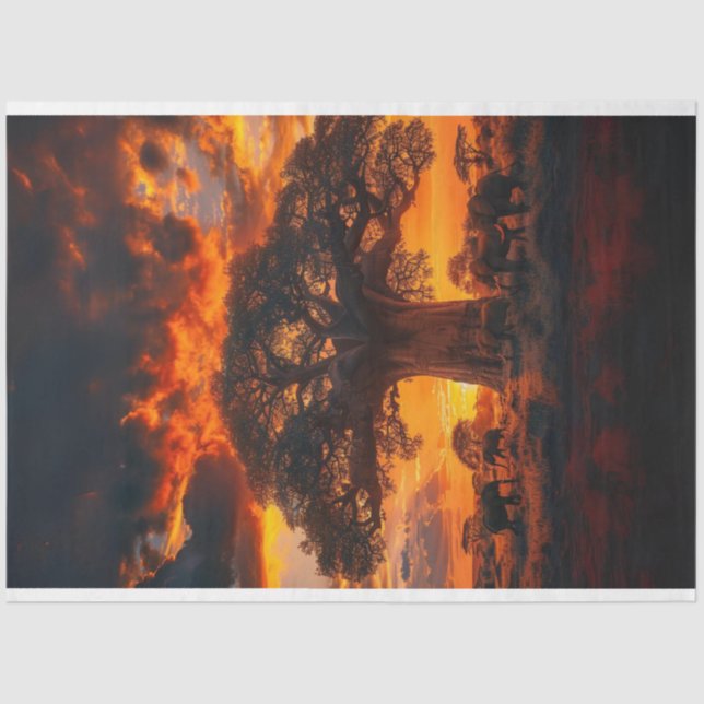 African Sunset Tree Elephant Decoupage Tissue Paper (Front)