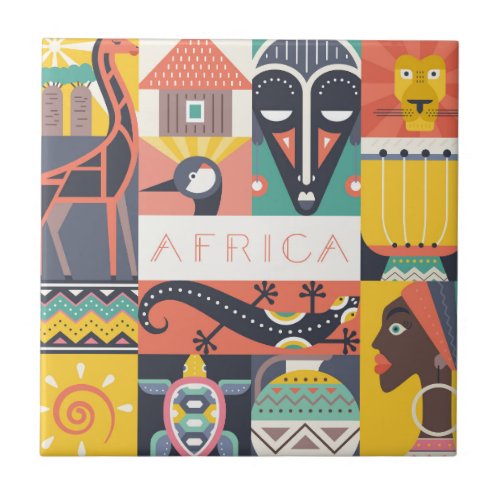 African Symbolic Art Collage Ceramic Tile