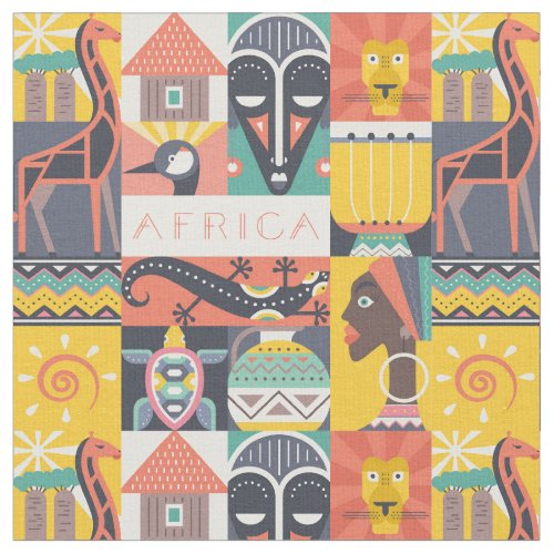 African Symbolic Art Collage Fabric