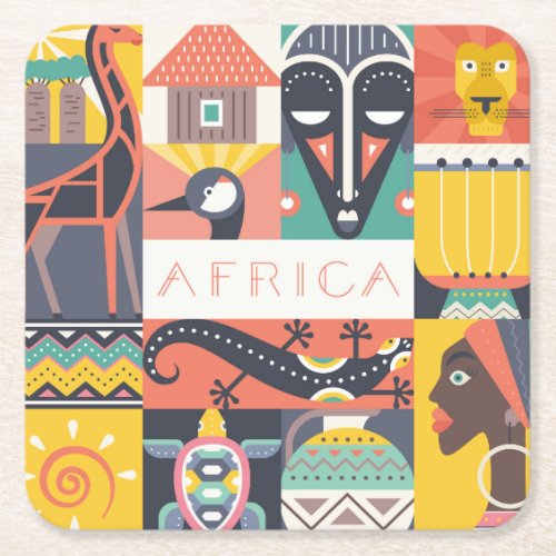 African Symbolic Art Collage Square Paper Coaster