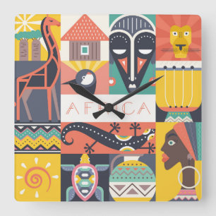 African Symbolic Art Collage Square Wall Clock