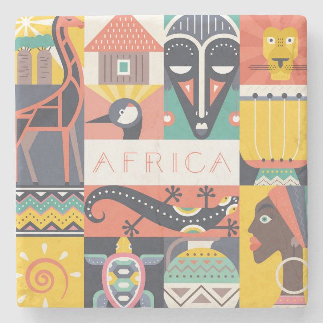 African Symbolic Art Collage Stone Coaster (Front)