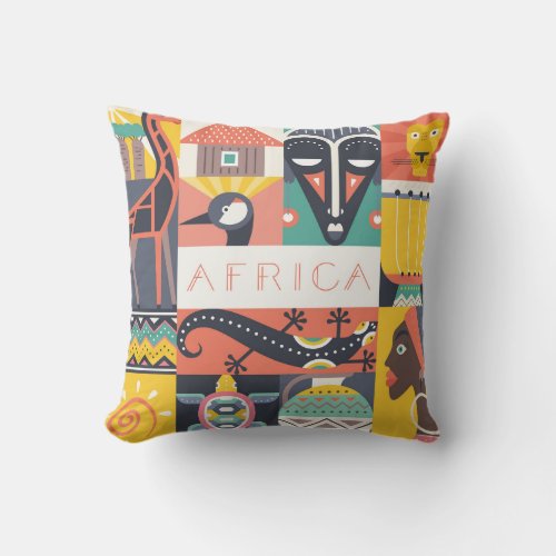 African Symbolic Art Collage Throw Pillow