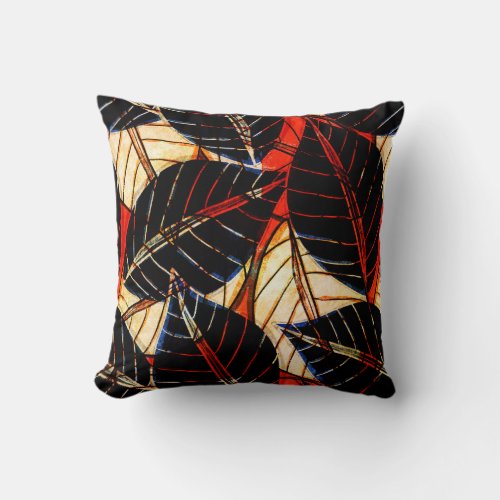 African Textile Inspired Bold Tropical Leaves Throw Pillow