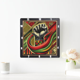 African-Themed Fist Symbol Vibrant Colors Square Wall Clock