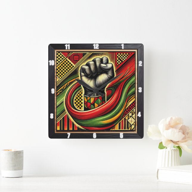 African-Themed Fist Symbol Vibrant Colors Square Wall Clock (Home)