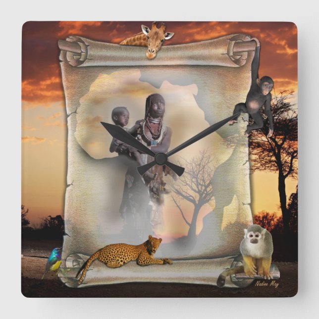 African Time Square Wall Clock (Front)