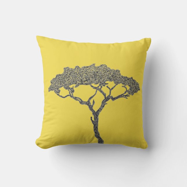 African tree black ink on yellow ochre throw pillow (Front)