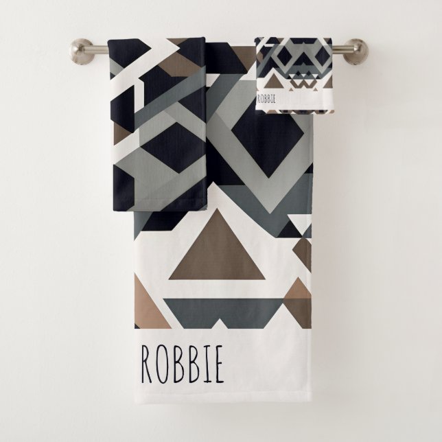 African Triangle Geometric Brown Grey Pattern Bath Towel Set (Insitu)