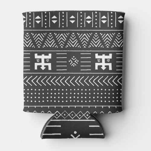 African Tribal Art Geometric Black  White Can Cooler