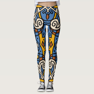 African Tribal Colorful pattern Blue and yellow Leggings