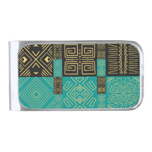 African Tribal Geometric Turquoise Gold Money Clip