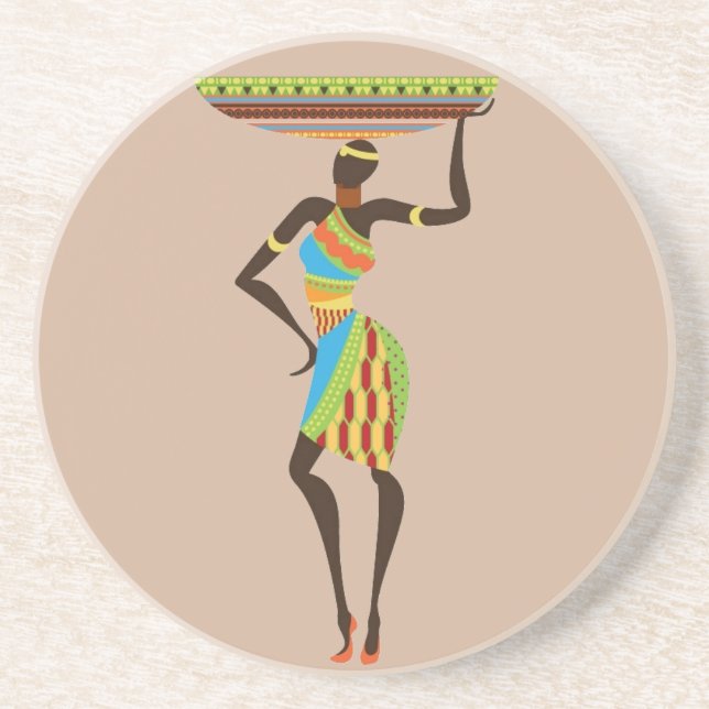 African Tribal Lady with basket tribal art Drink Coaster (Front)