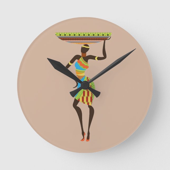 African Tribal Lady with basket tribal art Round Clock (Front)