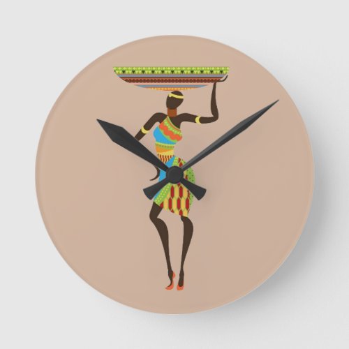 African Tribal Lady with basket tribal art Round Clock