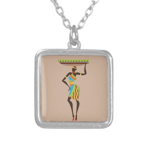 African Tribal Lady with basket tribal art Silver Plated Necklace
