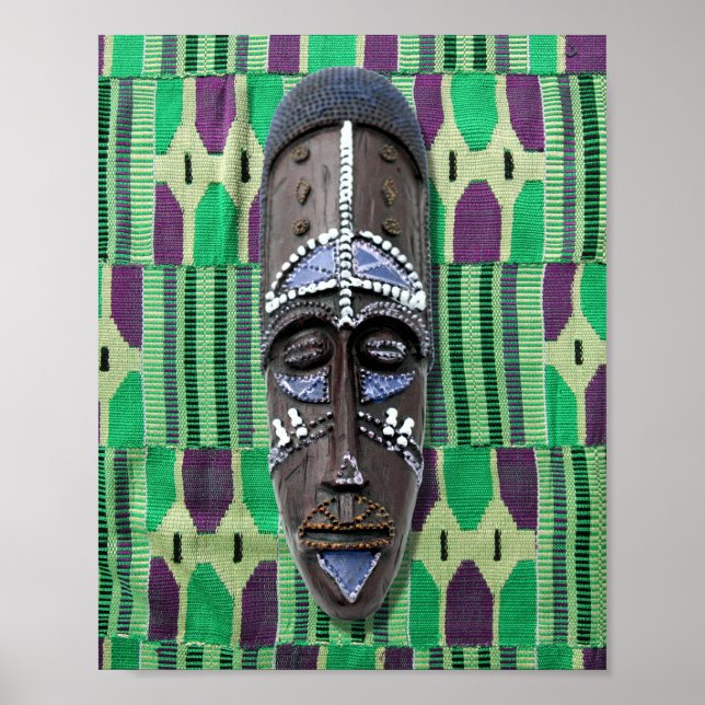 African Tribal Mask Cowrie Shells Orange Green  Poster (Front)