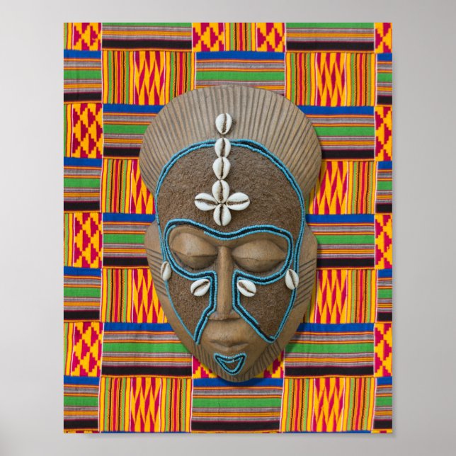 African Tribal Mask Cowrie Shells Orange Green  Poster (Front)