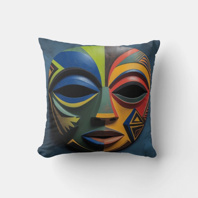 African Tribal Mask Cubism Abstract Throw Pillow (Front)
