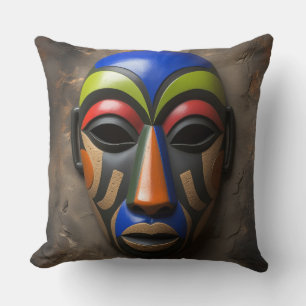 African Tribal Mask Geometric Symbolism Throw Pillow