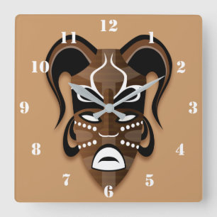 AFRICAN TRIBAL MASK IN CHOCOLATE BROWN SQUARE WALL CLOCK