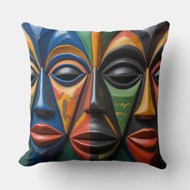African Tribal Mask Trio Dynamic Symmetry Throw Pillow (Front)