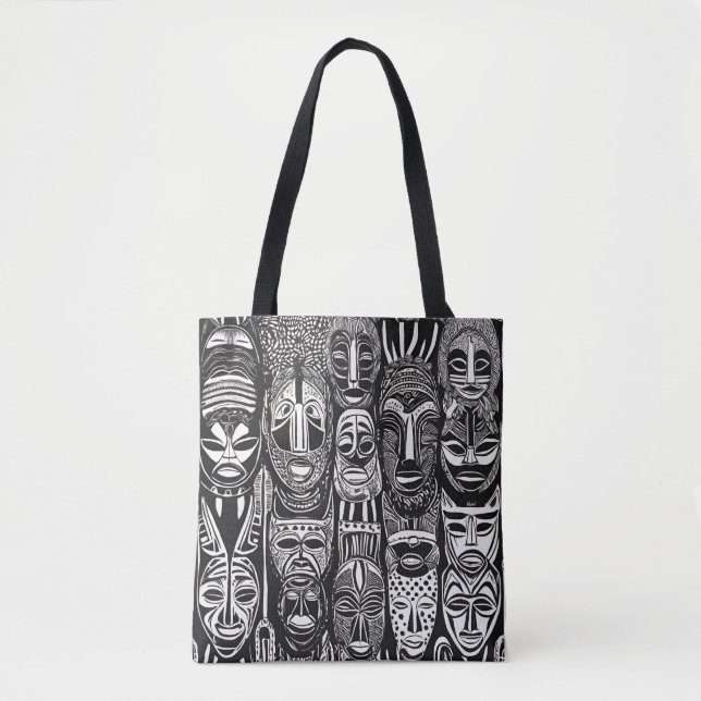 African Tribal Masks Black White Tote (Front)