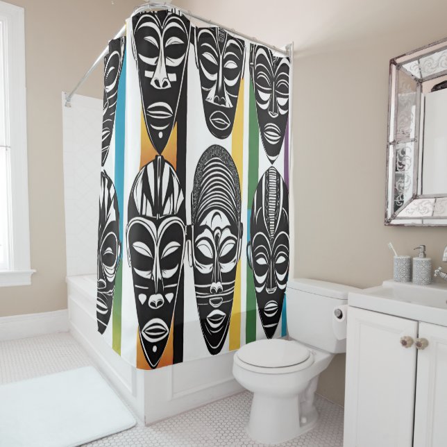 African Tribal Masks Colorful Stripes Shower Curtain (In Situ)