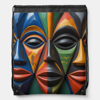 African Tribal Masks Trio  Dynamic Symmetry   Drawstring Bag