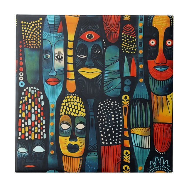 African tribal pattern with idols. ceramic tile (Front)