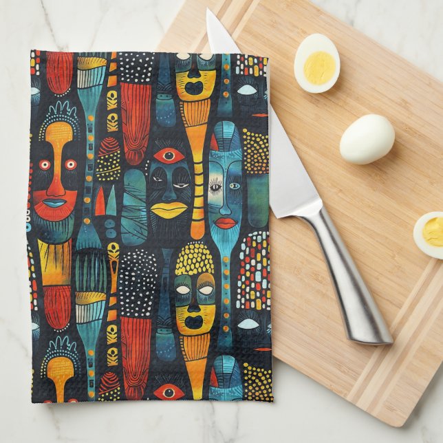 African tribal pattern with idols. kitchen towel (Quarter Fold)