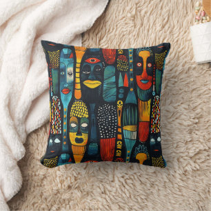 African tribal pattern with idols. throw pillow