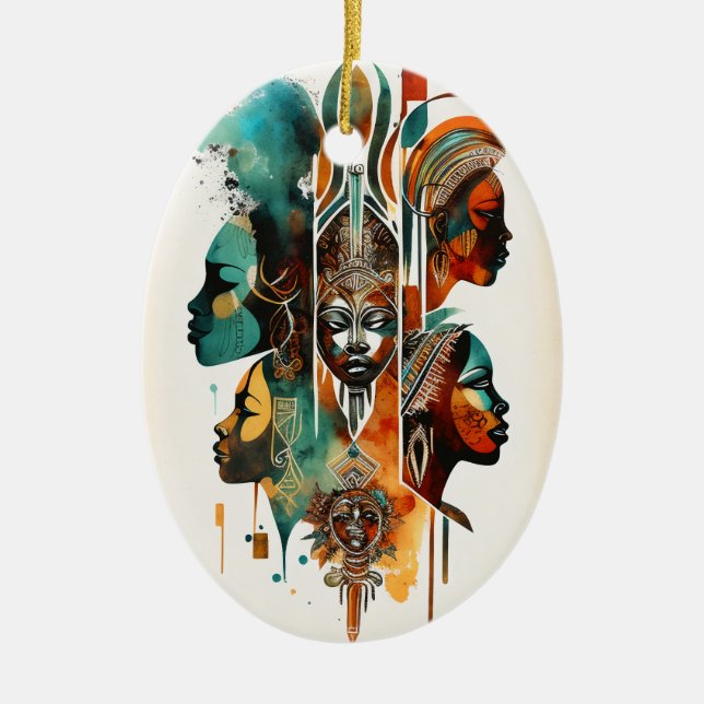 African Tribal Women Painting, Contemporary Art Ceramic Ornament (Front)