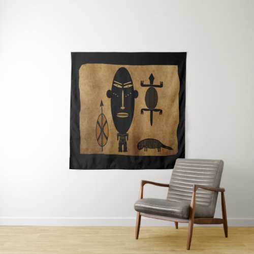 african tribe warrior rock carving tapestry