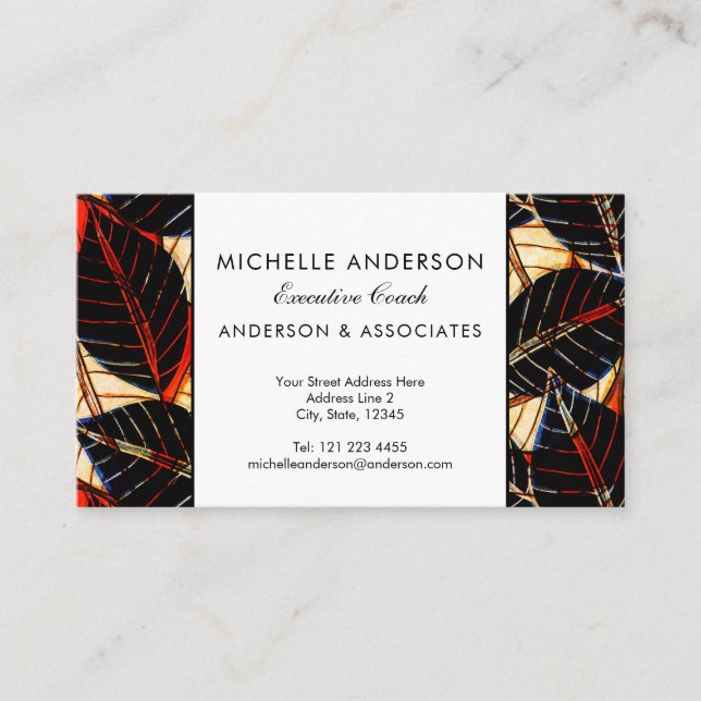 African Tropical Leaves Executive Red and Black Business Card (Front)