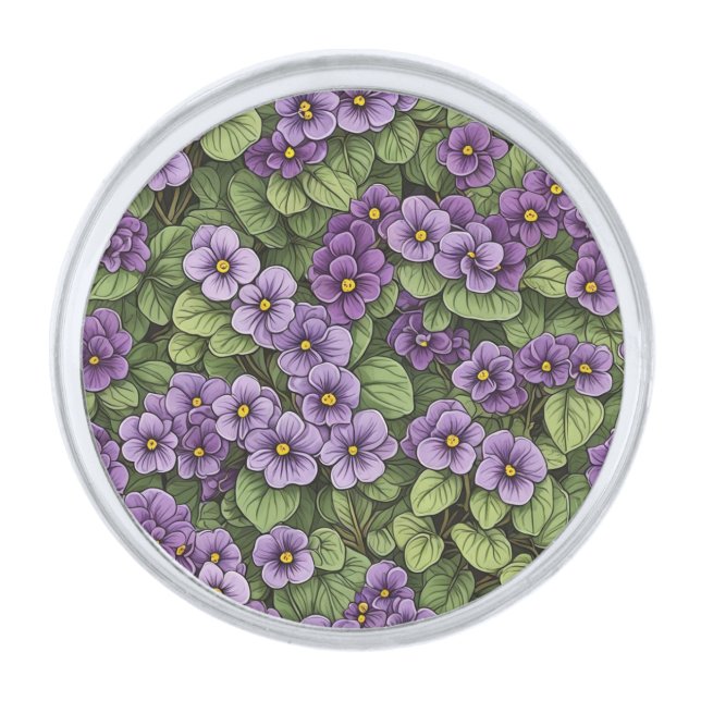 African Violet flowers pattern Silver Finish Lapel Pin (Front)